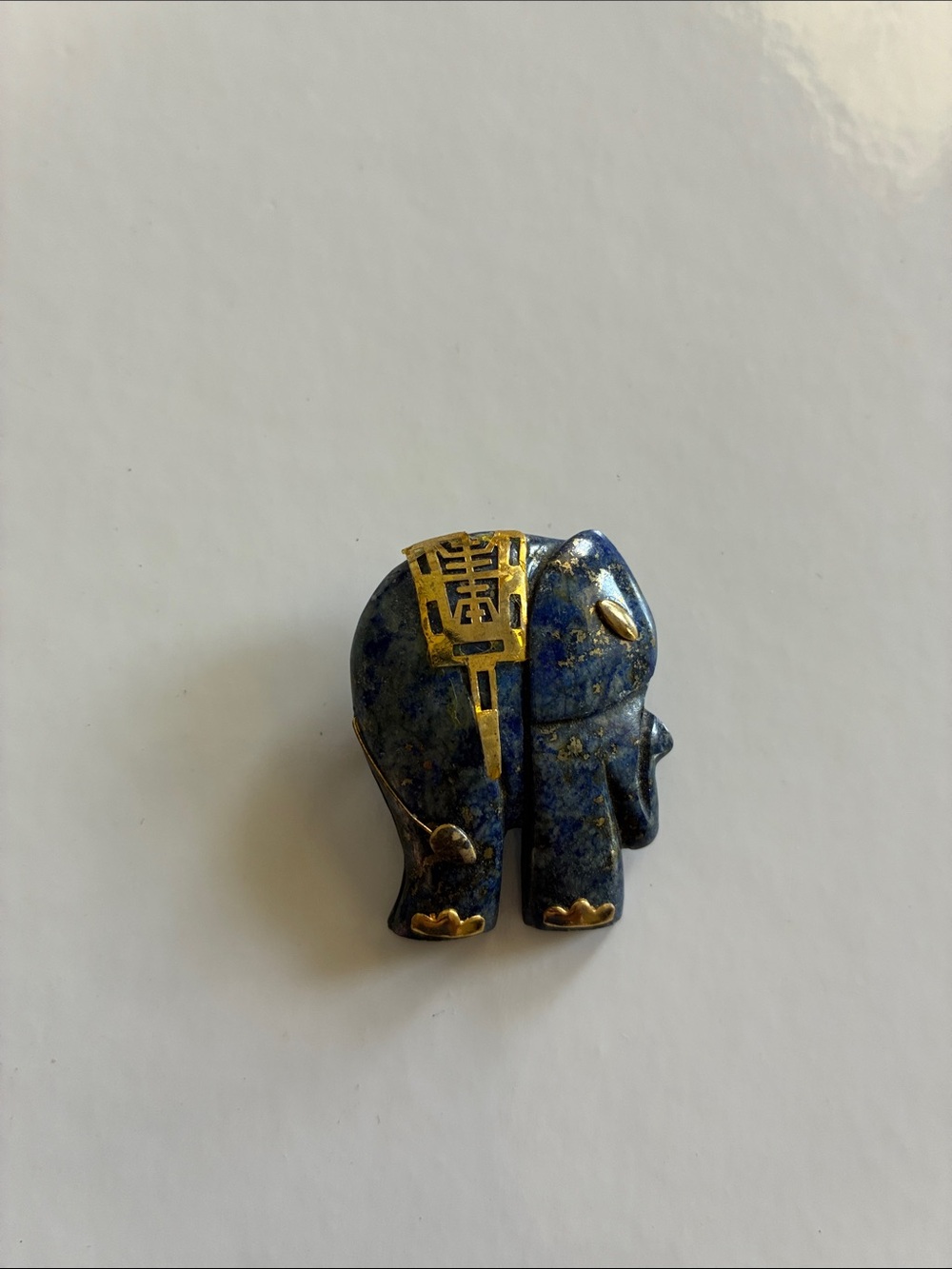 Blue Lapis Lazuli Elephant Brooch with Gold Accents